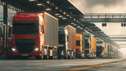 Camiones de carga en muelle industrial para distribución mayorista
